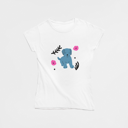 Blue Dog White Round Neck T-Shirt for Women. 