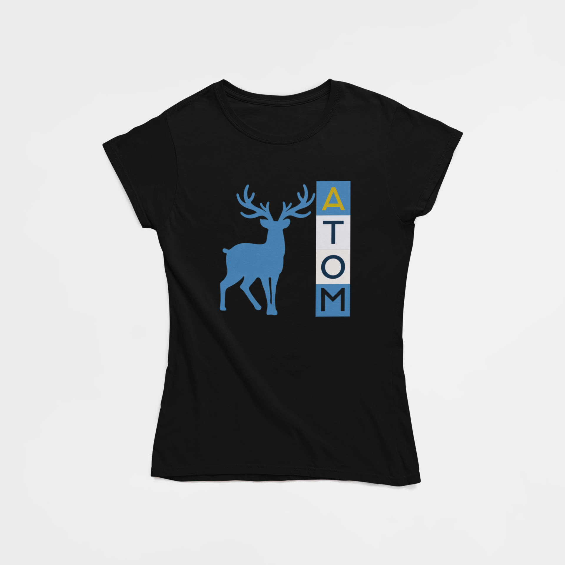 ATOM Signature Vertical Coloured Blue Box Black T-Shirt for Women. 