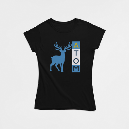 ATOM Signature Vertical Coloured Blue Box Black T-Shirt for Women. 