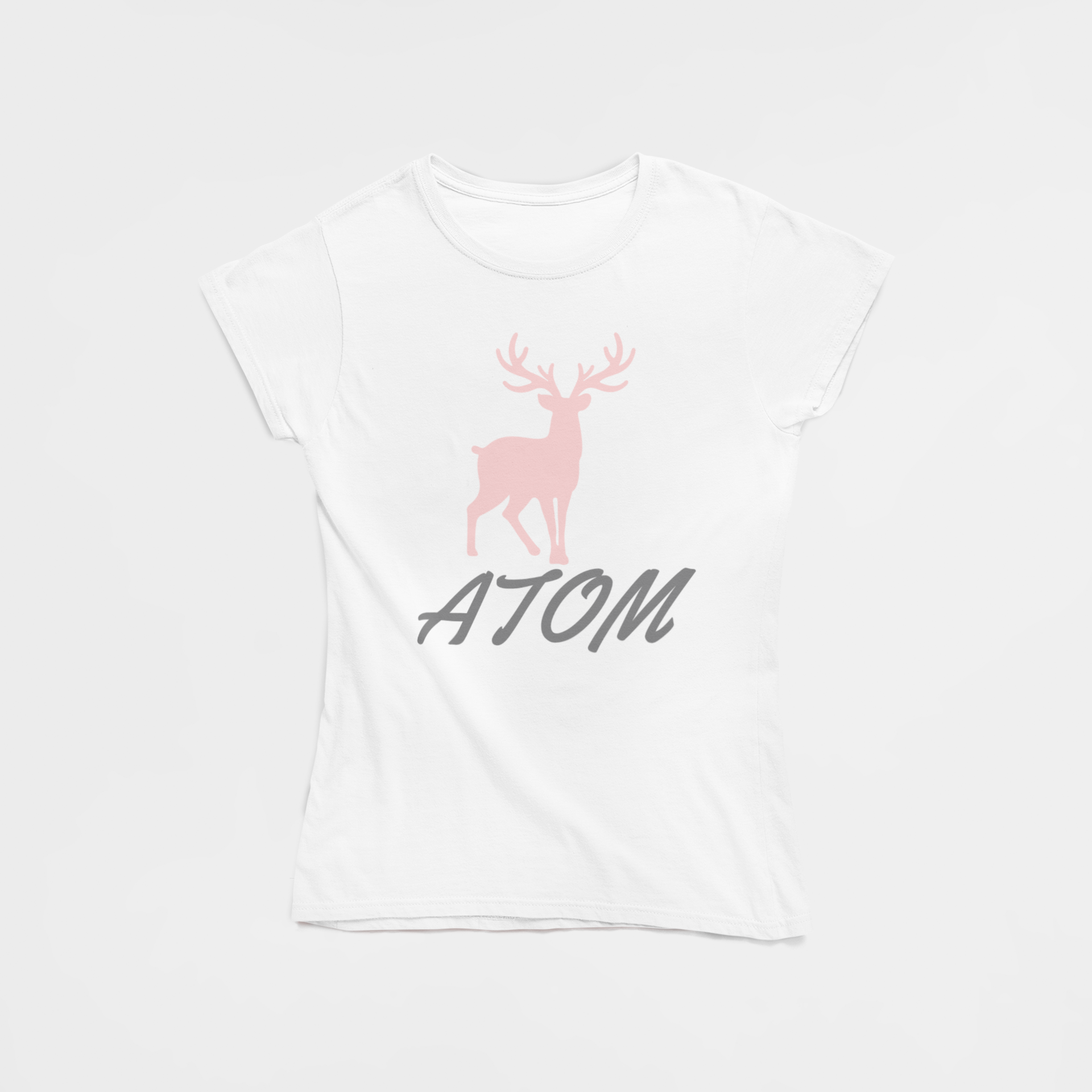 ATOM Signature Pink Deer Italics Font White T-Shirt for Women. 