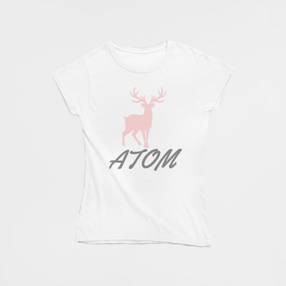 ATOM Signature Pink Deer Italics Font White T-Shirt for Women. 
