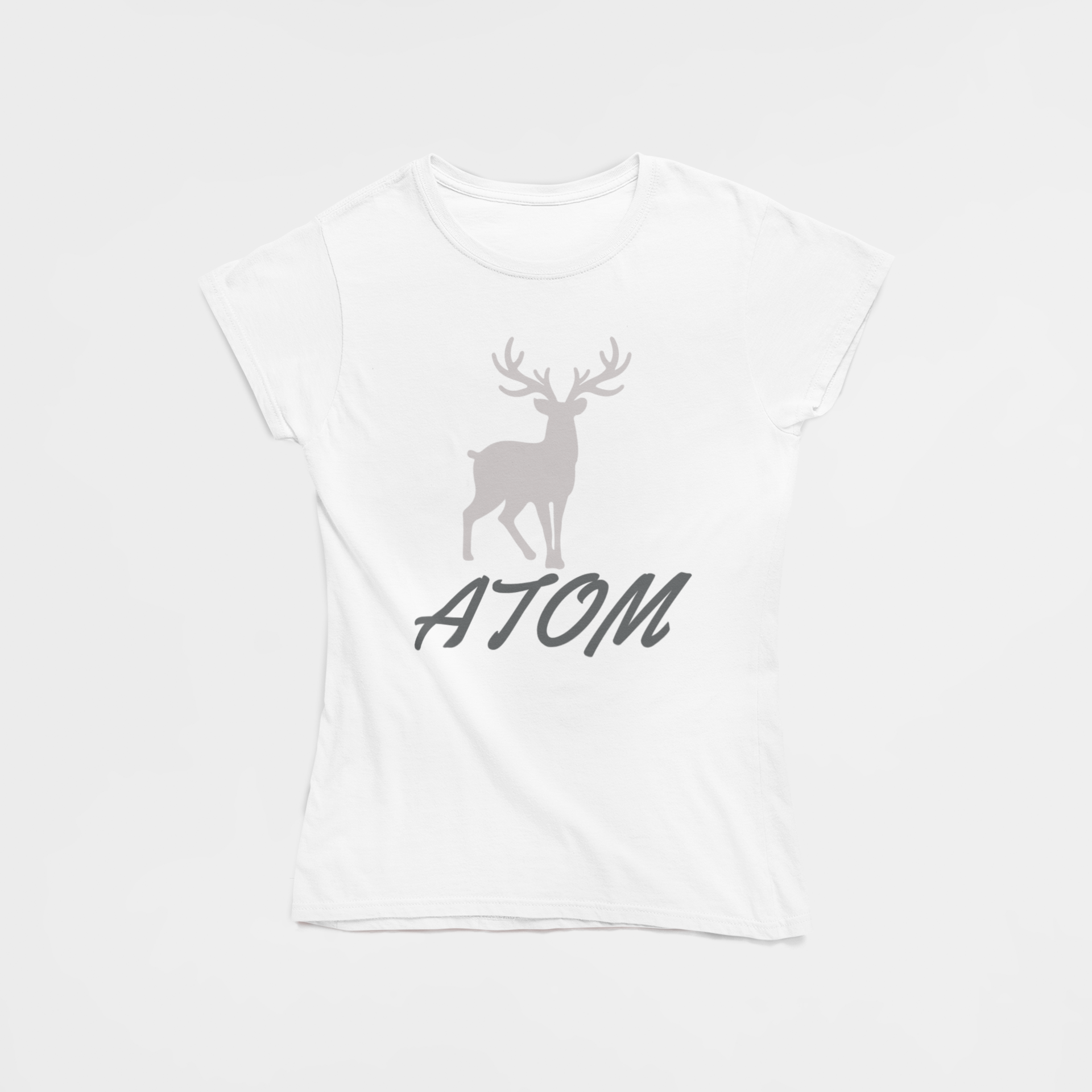 ATOM Signature Grey Deer Italics Font White T-Shirt for Women. 