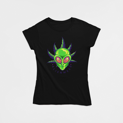 Green Alien Black Round Neck T-Shirt for Women. 